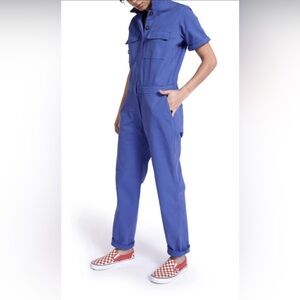 women's "BP & Wildfang" long sleeves denim jumpsuit, size 4 regular, dark blue.